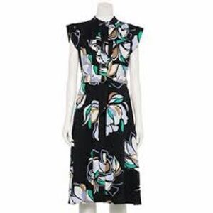 Nine West Black Floral Midi Dress with Green & Cream Accents